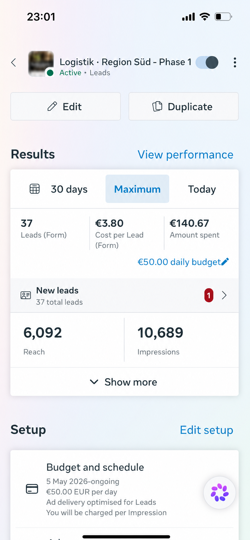 Meta Lead Form Kampagne · 37 Leads bei 3,80 EUR pro Lead