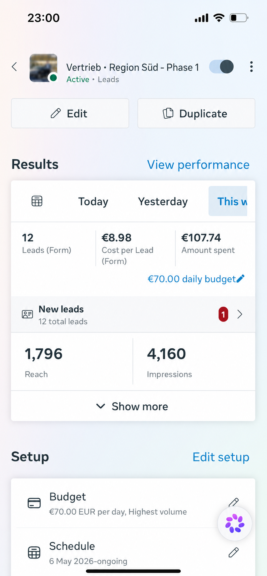 Meta Lead Form Kampagne · 12 Leads bei 8,98 EUR pro Lead