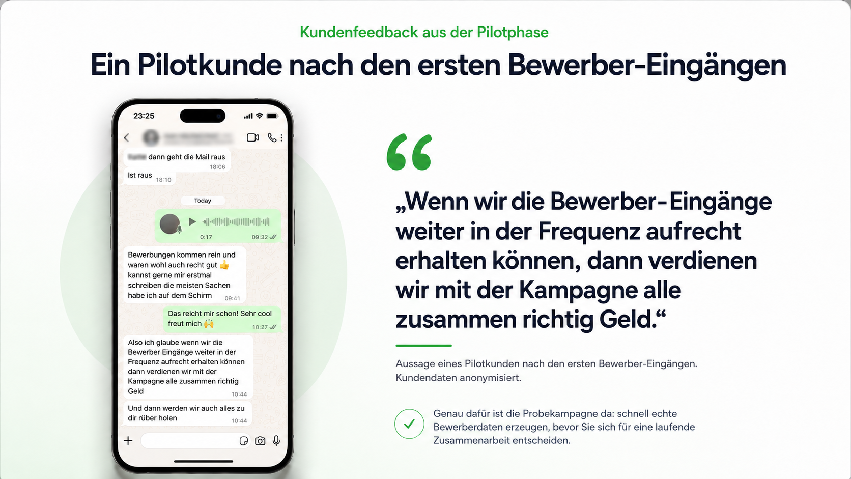 Kundenfeedback aus der Pilotphase: WhatsApp-Nachricht eines Pilotkunden nach den ersten Bewerber-Eingängen. Zitat: Wenn wir die Bewerber-Eingänge weiter in der Frequenz aufrecht erhalten können, dann verdienen wir mit der Kampagne alle zusammen richtig Geld.